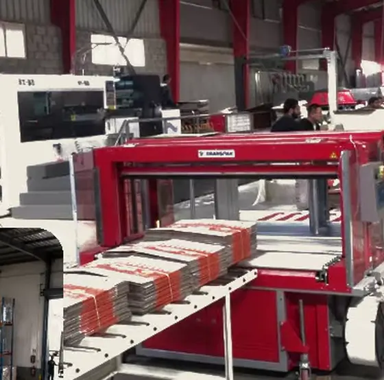 Printed blanks leaving the strapping machine in counted bundles.
