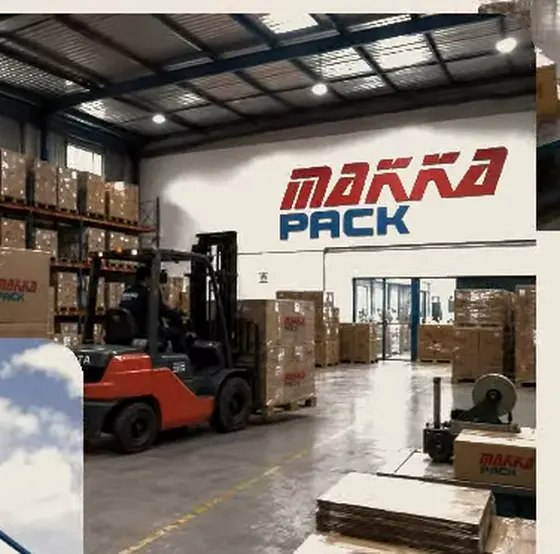 Finished-goods store: a forklift moving palletised cases past racked stock.